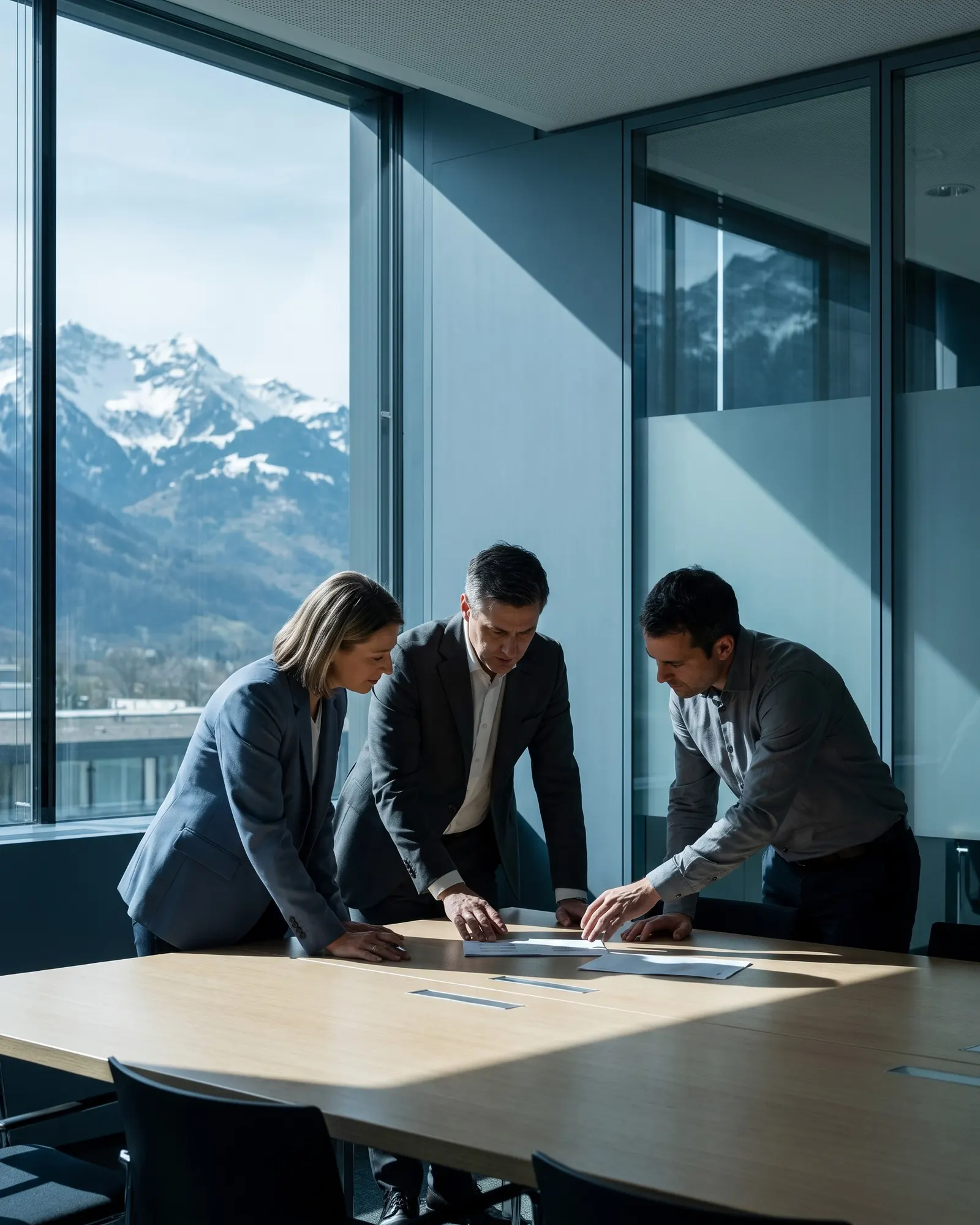 Dirigeants en réunion avec un conseiller dans une salle donnant sur les Alpes