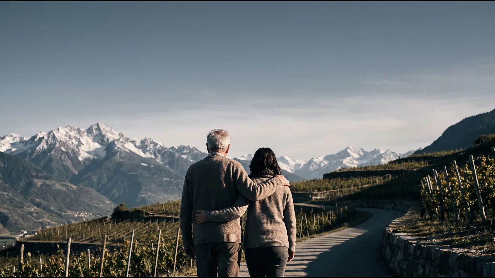 Un père et sa fille marchent dans les vignes, symbole de transmission